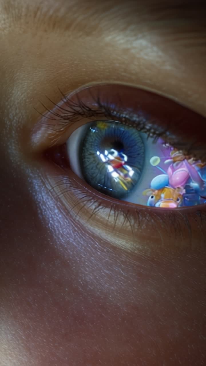 Vista ravvicinata dell'occhio di un bambino che riflette personaggi animati colorati e immagini, catturando una prospettiva unica sull'immaginazione e le qualità oniriche.
