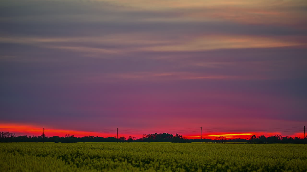 緑の牧草地にオレンジ色の空が沈む夕日の時間の経過