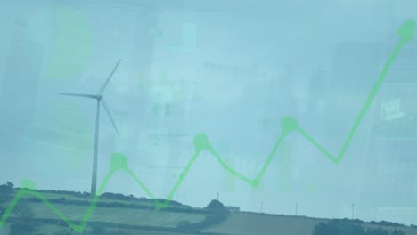animation of financial graphs over wind turbine