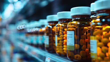 bottles of pills on pharmacy shelves