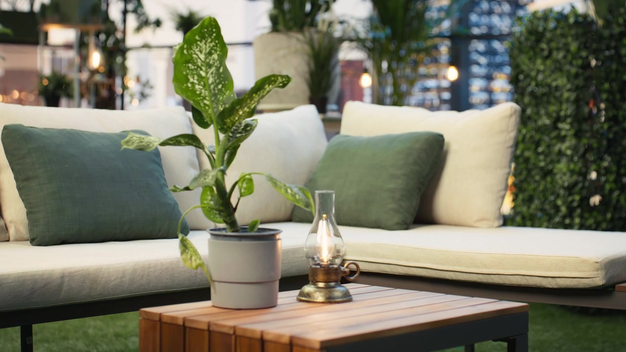Close up of potted plant and lamp on rooftop lounge table
