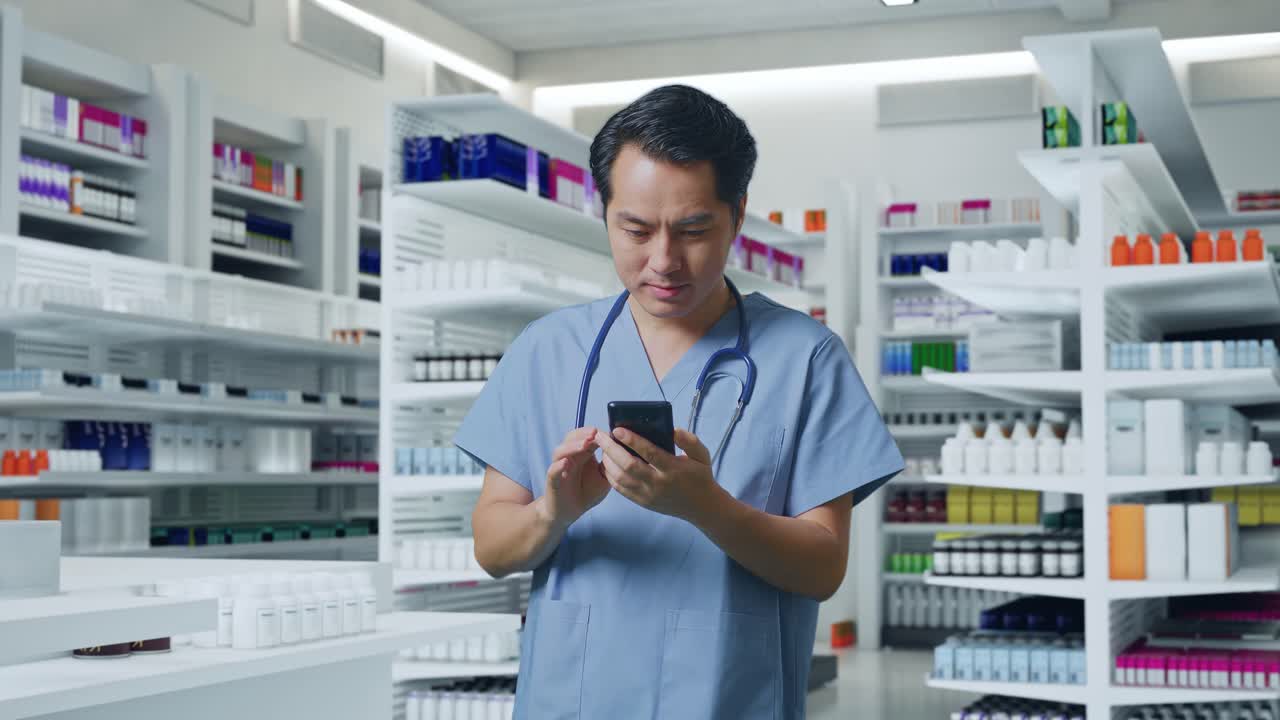 약국에서 스마트폰을 사용하는 약사
