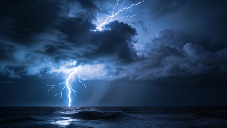 Iniziando tra le nuvole, un fulmine si abbatte sull'oceano, ramificandosi e illuminando le nuvole temporalesche, riflettendo le onde.