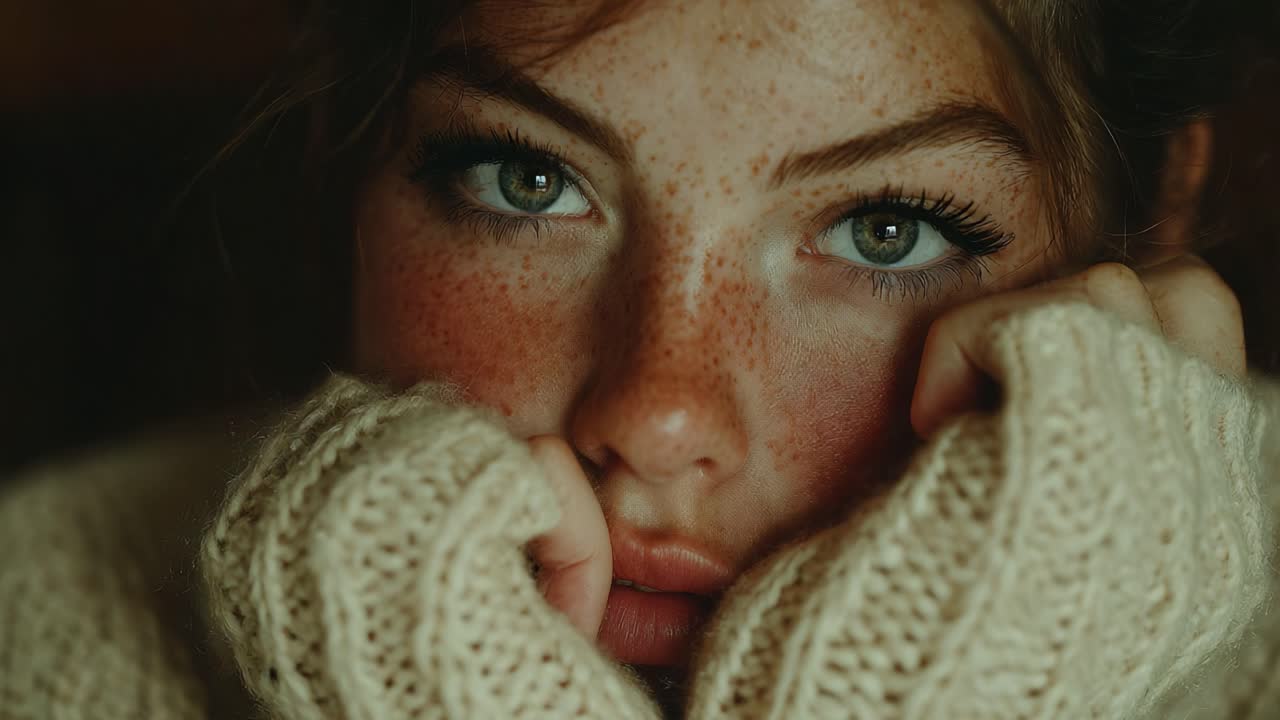 A Captivating Portrait of an Individual with Striking Green Eyes and Freckles, Captured in a Cozy Sweater, Radiating Natural Beauty and Emotion