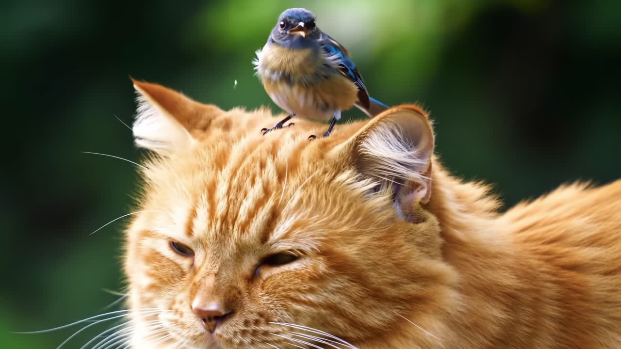 A Playful Encounter: A Colorful Bird Perched atop a Sleepy Ginger Cat, Capturing a Moment of Unlikely Friendship in Nature's Harmony