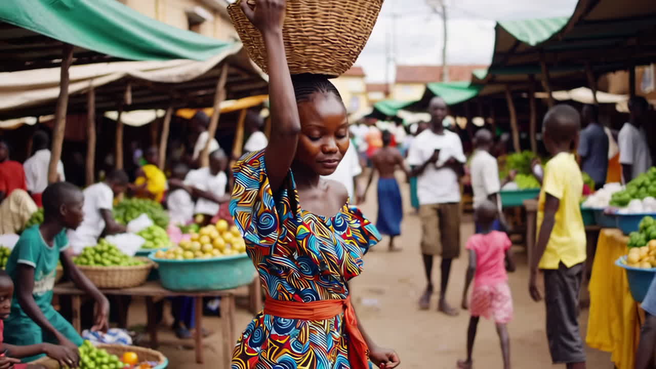 Woman Carrying Basket of Fruit at African Market