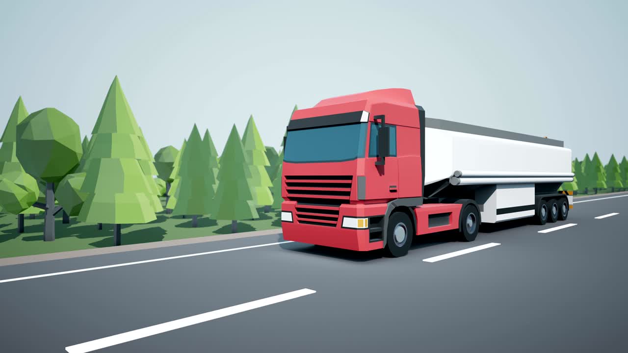 프론트 뷰 카메라는 화물 트레일러에 휘발유 또는 기름 크를 가진 유로 세미 트럭을 따라 고속도로에서 운전합니다. 낮은 폴리 그래픽.