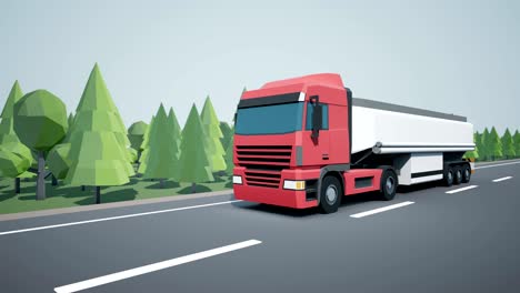 la cámara de vista frontal sigue el camión euro semi con tanque de gasolina o aceite en el remolque de carga y conduciendo en la autopista. gráficos de baja poli.