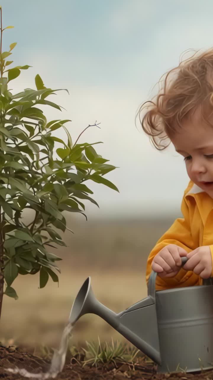 Vertical video: Seeing shrub, toddler kneeling watering it in field, tilting metal can to wet roots