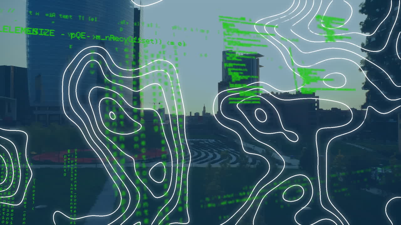 데이터 처리 및 도시 풍경 위의 움직이는 모양의 애니메이션