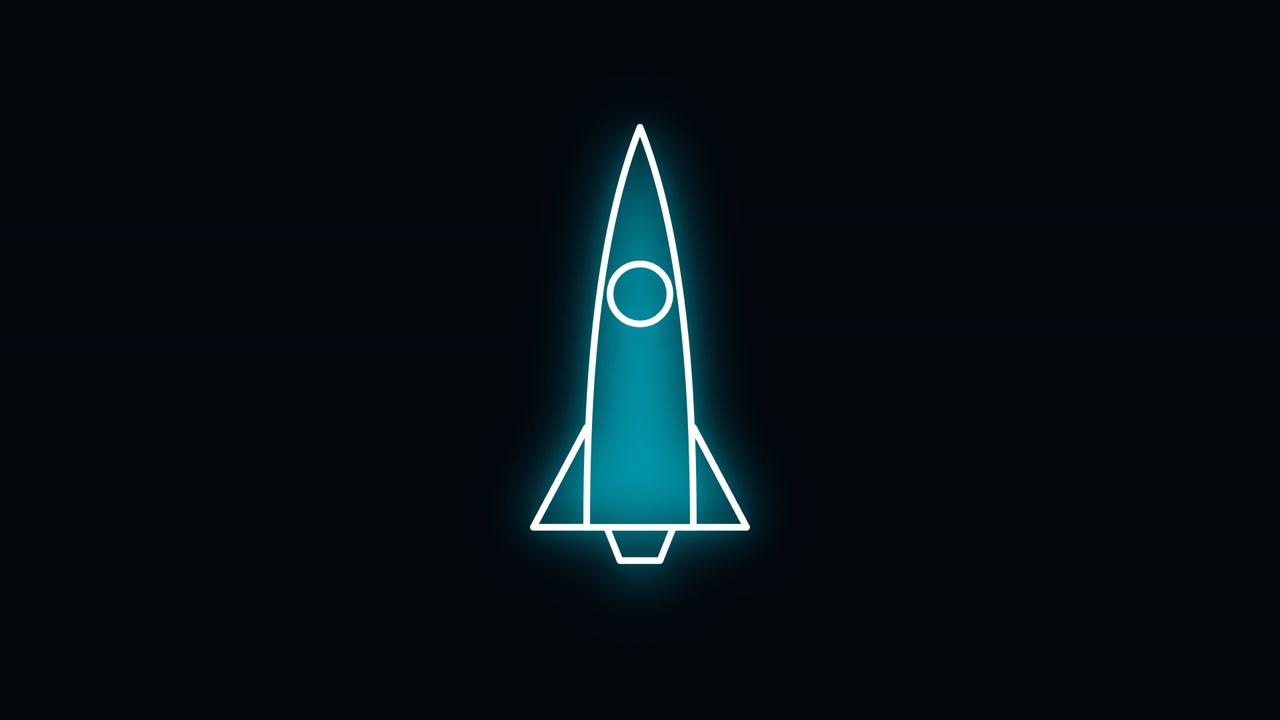 Neon Blue Outline of a Rocket Ship Drawing on Black Background
