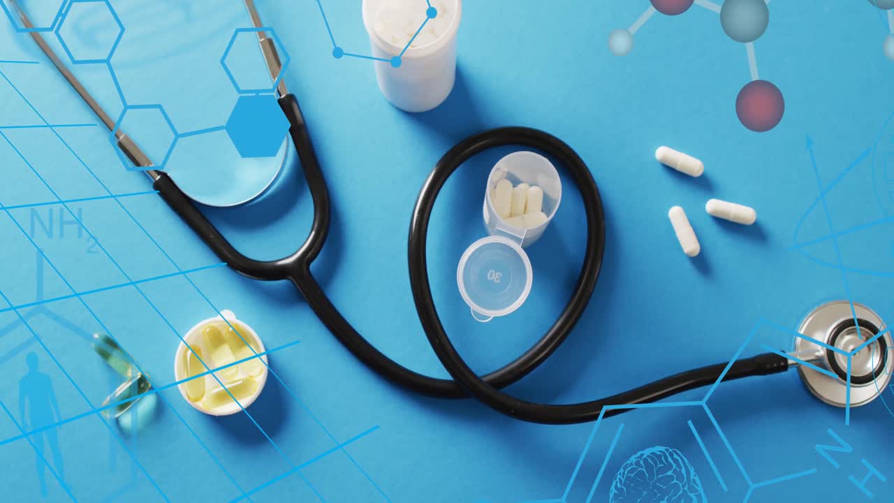 animazione di strutture chimiche e elaborazione dei dati su pillole e stetoscopio