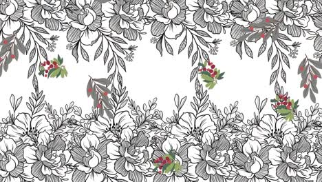 Animación-De-Frutos-Rojos-Con-Follaje-Verde-Cayendo-Sobre-Diseño-De-Flores-Y-Hojas-En-Blanco-Y-Negro