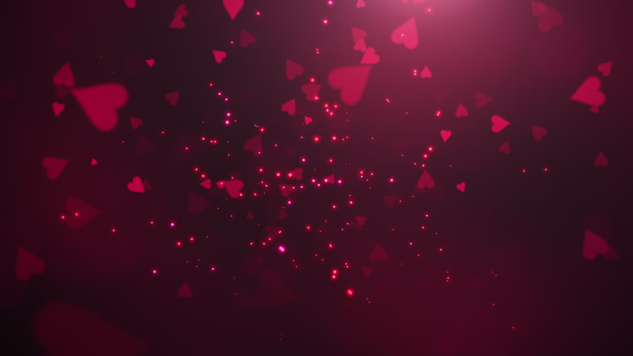 animación movimiento de primer plano pequeños corazones románticos y brillos en el fondo brillante rojo del día de san valentín
