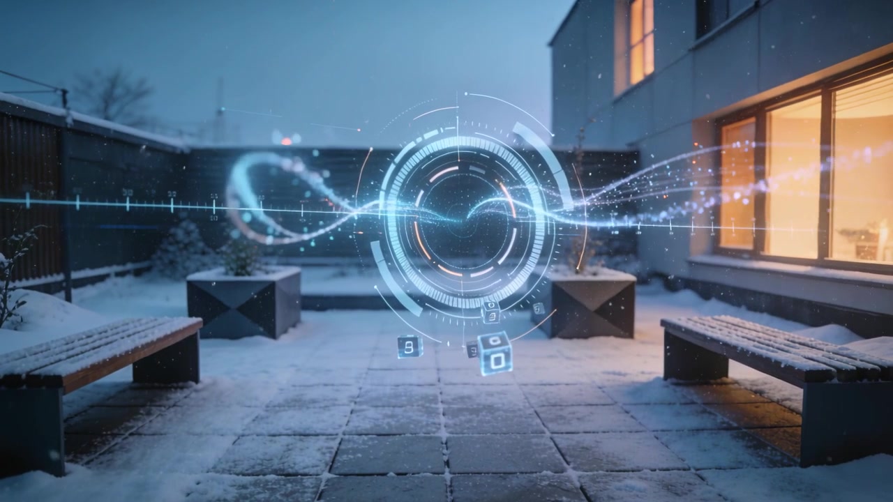 Materializing hologram ring projecting number cubes and waves across snowy patio, displaying data