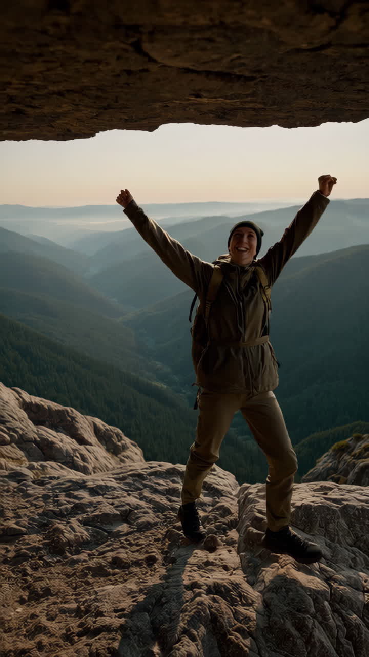 Hiker enjoying the sunrise from a mountain cave