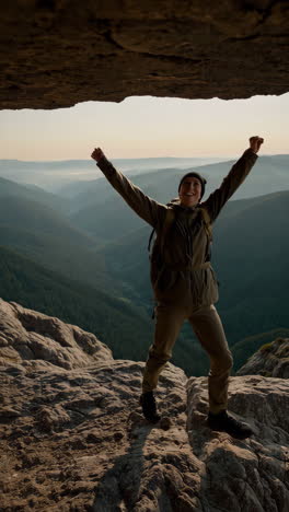 hiker enjoying the sunrise from a mountain cave