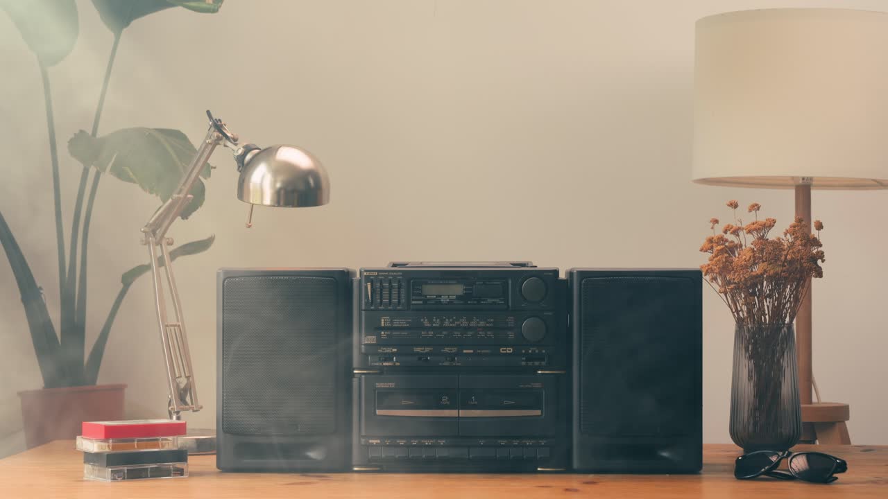 Retro radio tape recorder, audio cassette close-up. Listening to music, old radio boom box player, macro of vintage music listening. . High quality 4k footage