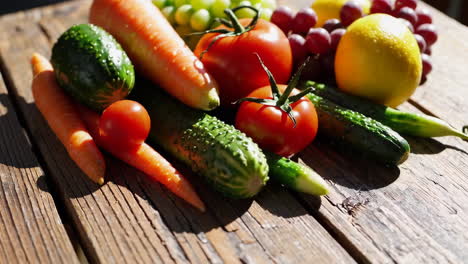 assortment of fresh vegetables and fruits on a wooden table