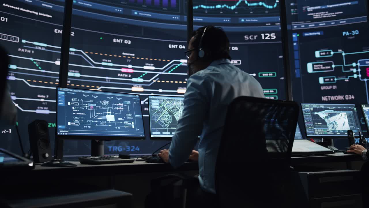 Professional IT Technical Support Specialists and Software Programmer Working on Computers in Monitoring Control Room with Digital Screens with Server Data, Blockchain Network and Surveillance Maps.