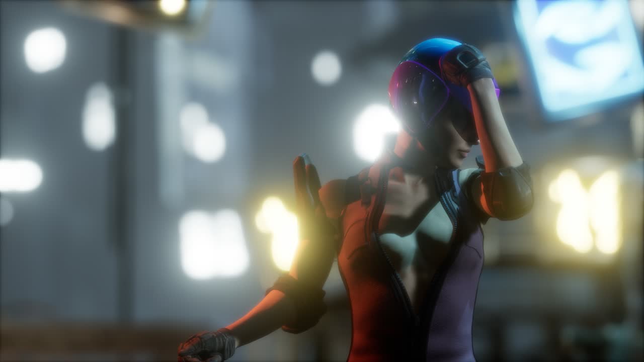 futuro concepto de mujer cyberpunk con luces de neón de la ciudad