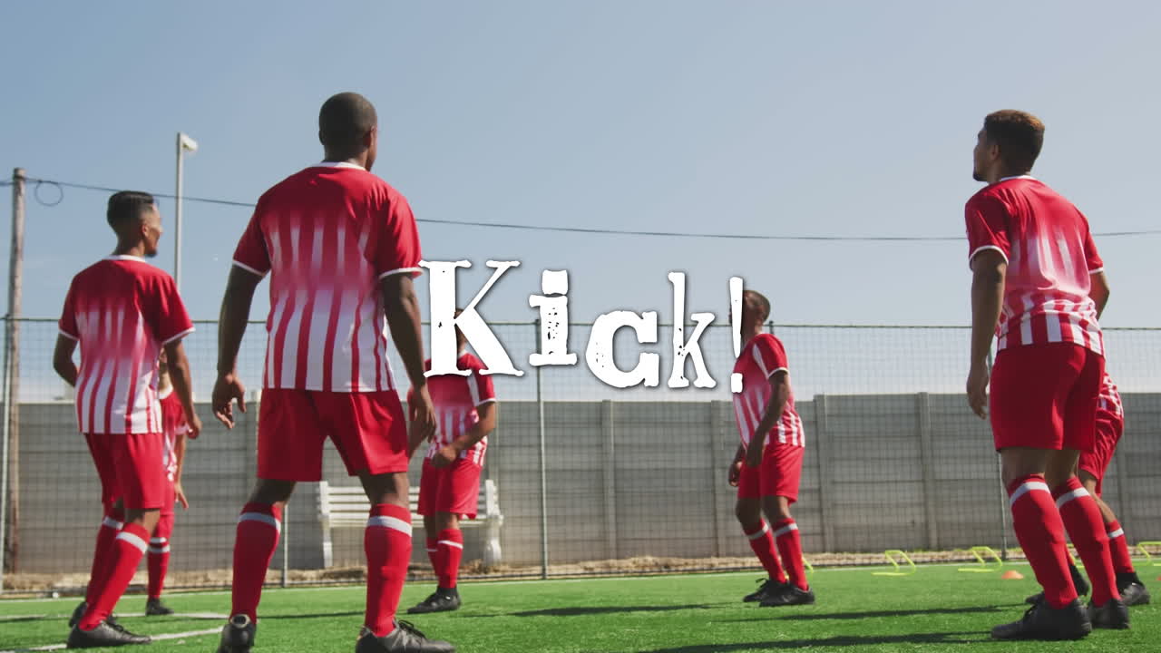 Animation of kick text over football players on the pitch