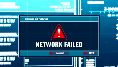 notificación de advertencia de fallo de red generada en el sistema digital mensaje de error de alerta de seguridad en la pantalla de la computadora después de introducir el nombre de usuario y la contraseña. crimen cibernético, concepto de piratería informática