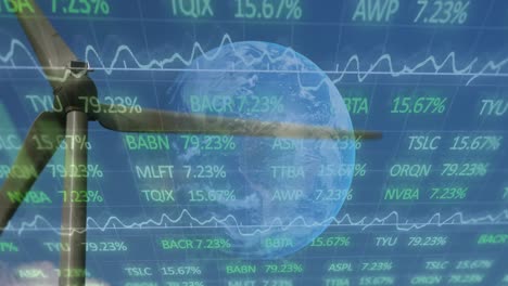 animación del procesamiento de datos financieros sobre molino de viento y paisaje