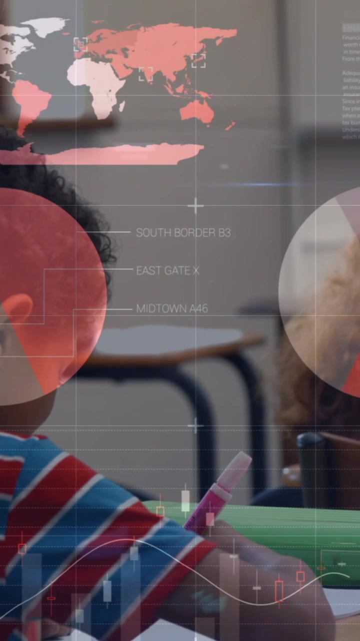 Animation of statistical data processing over caucasian female teacher and schoolchildren