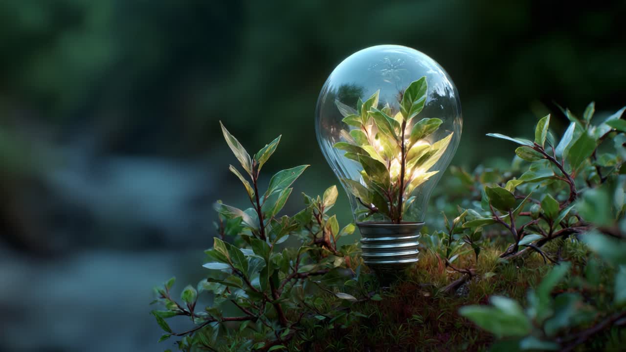 Una lampadina incandescente circondata da una vegetazione verde brillante, che rappresenta l'innovazione e la natura in armonia