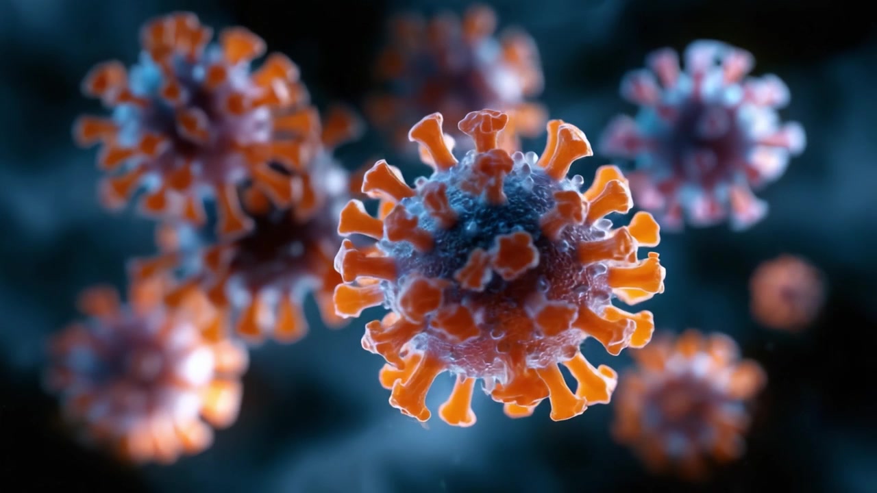 Representación visual de partículas de virus con estructura y textura detalladas, mostrando colores vibrantes y formación compleja sobre un fondo oscuro