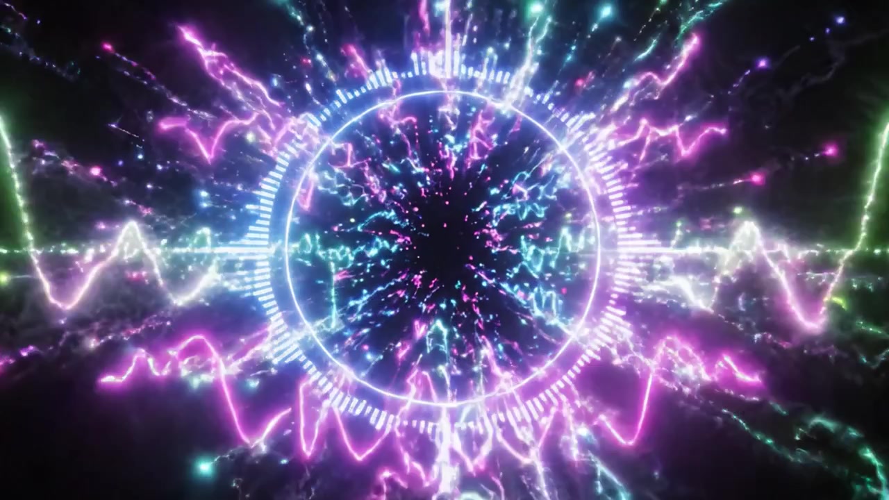Rappresentazione visiva dinamica di onde sonore e impulsi energetici generati in uno spettro audio, che mostra un design circolare con vibrazioni colorate