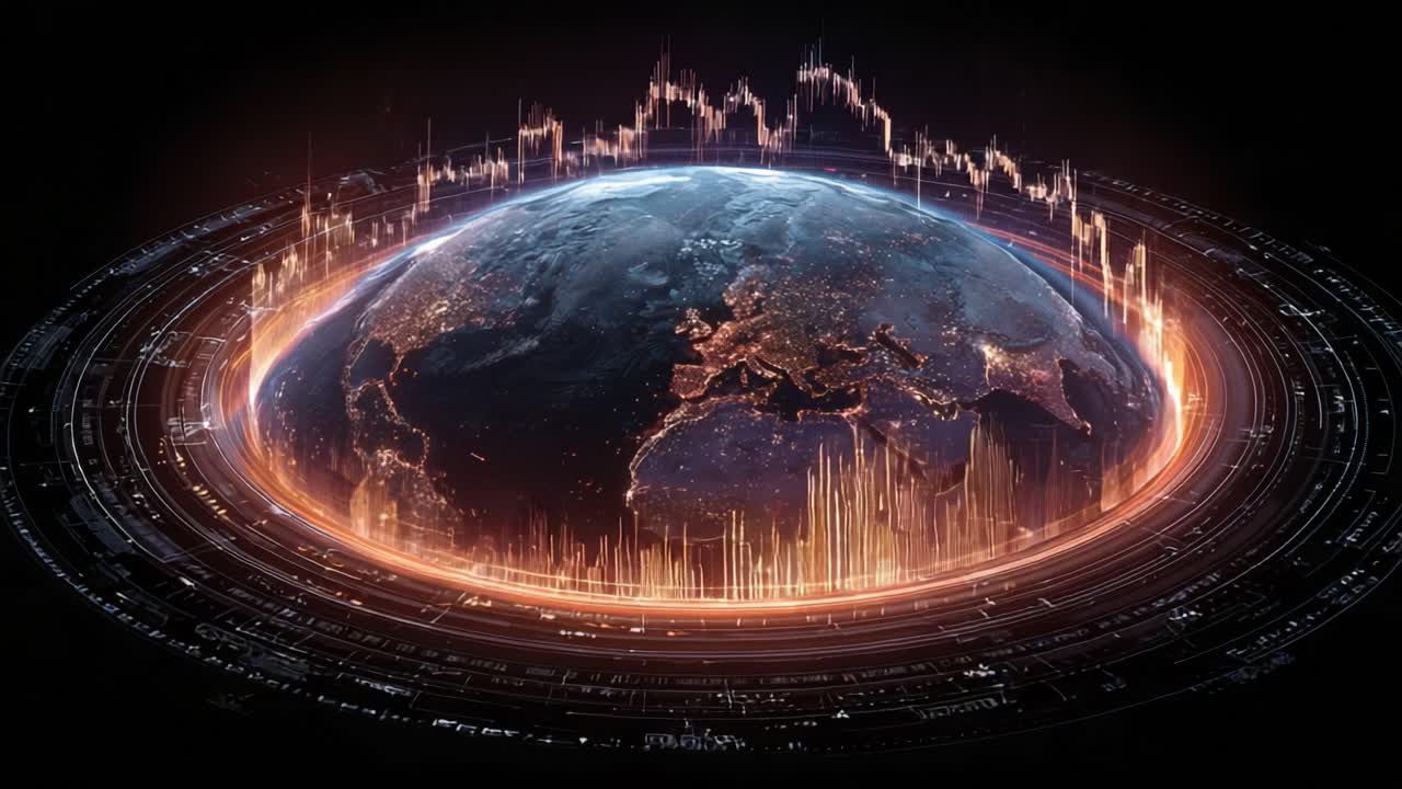 Futuristic animation of planet Earth surrounded by glowing rings of data and a stock market chart, symbolizing global business, financial technology, trading, and worldwide economic trends