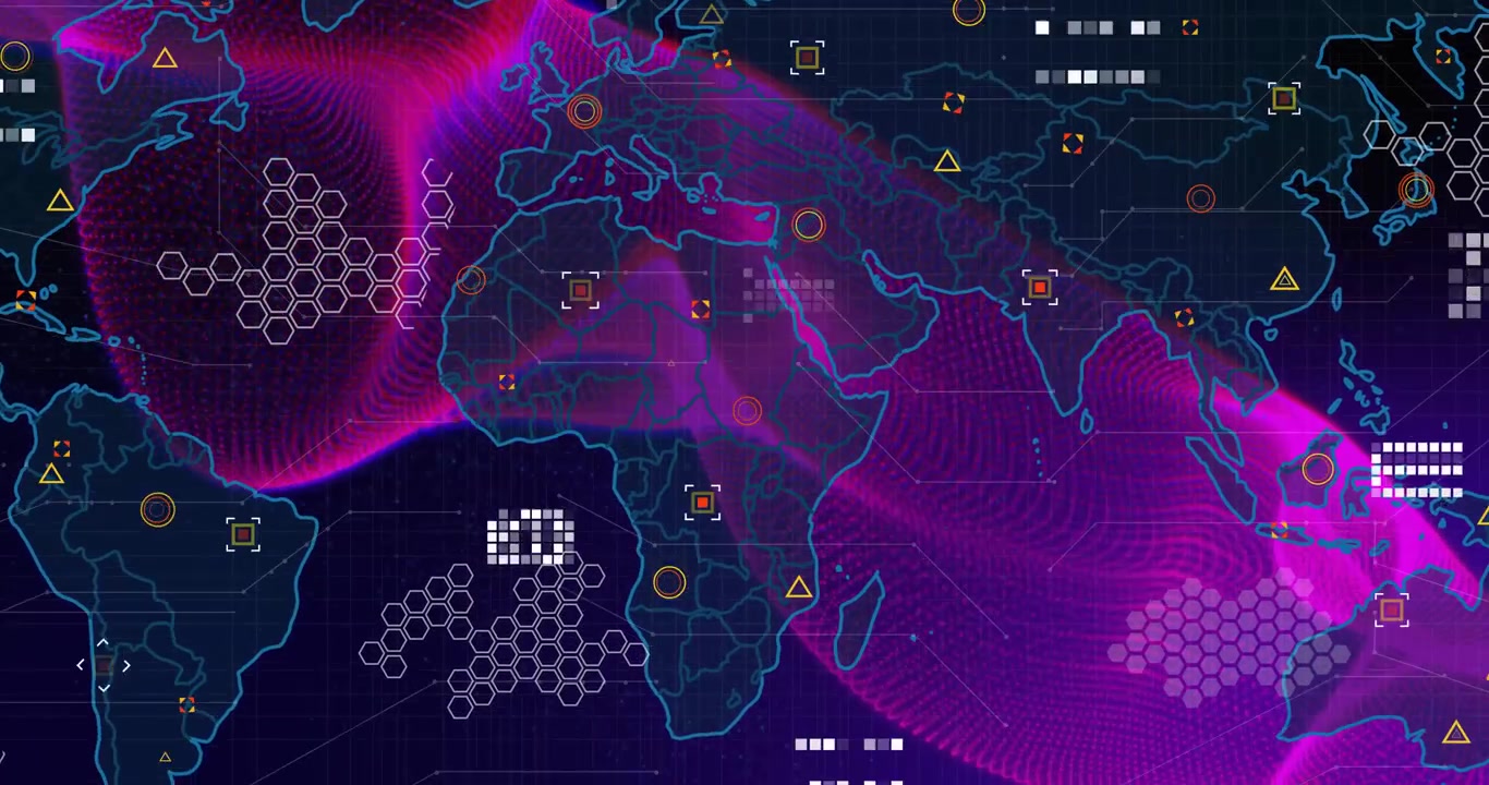 Viewpoint expanding while magenta mesh wave sweeping continents and adding map HUD for data insight