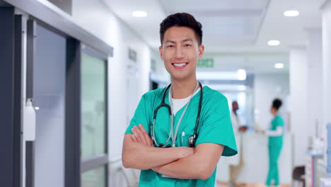 Asian-man,-nurse-with-arms-crossed-and-portrait