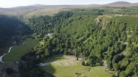 Hermoso-Paisaje-Sereno-Del-Lago-Lough-Tay,-Lago-Guinness-En-Las-Montañas-Wicklow,-Con-El-Bosque-Verde-En-Un-Día-Soleado-1