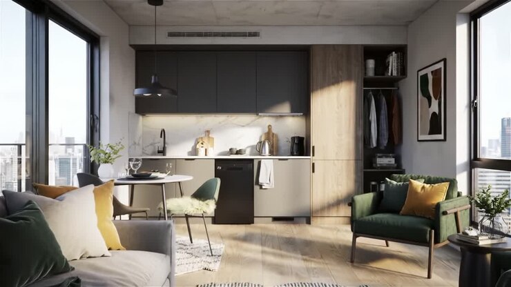 Design moderno degli interni di una cucina in un appartamento con mobili eleganti e vista panoramica sulla città in un accogliente spazio abitativo pieno di luce naturale