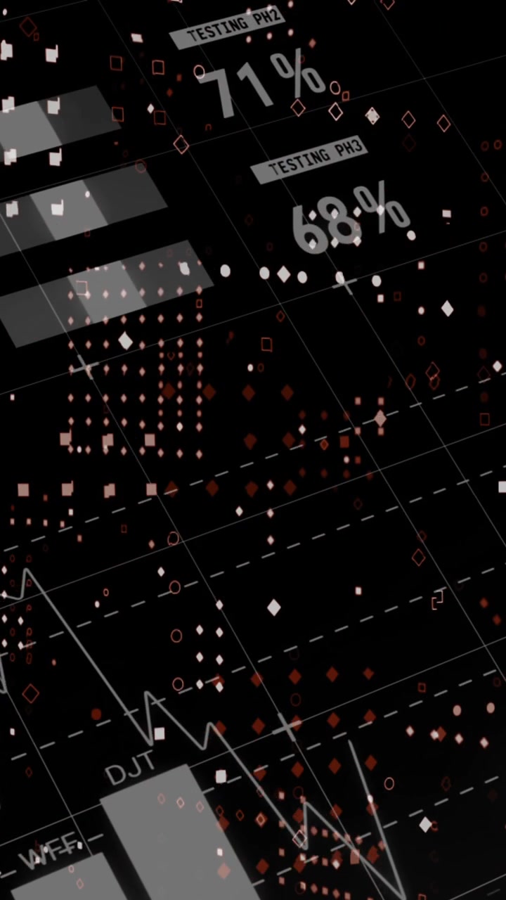 Animation of dots forming abstract pattern over infographic interface against black background