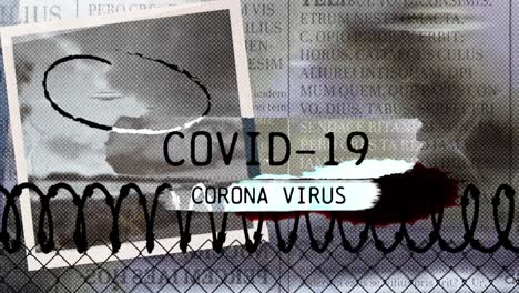 words covid-19 corona virus written over scraps of paper and blurred text with coronavirus pandemic