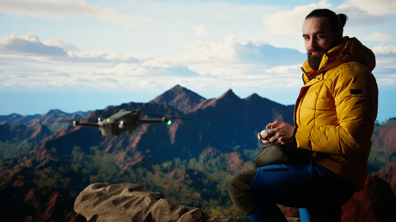 신선한 공기를 즐기고 드론으로 촬영하는 콘텐츠 제작자