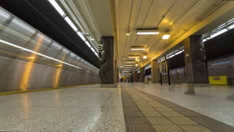 timelapse of subway trains coming and going through the unique royal ontario museum subway station stop