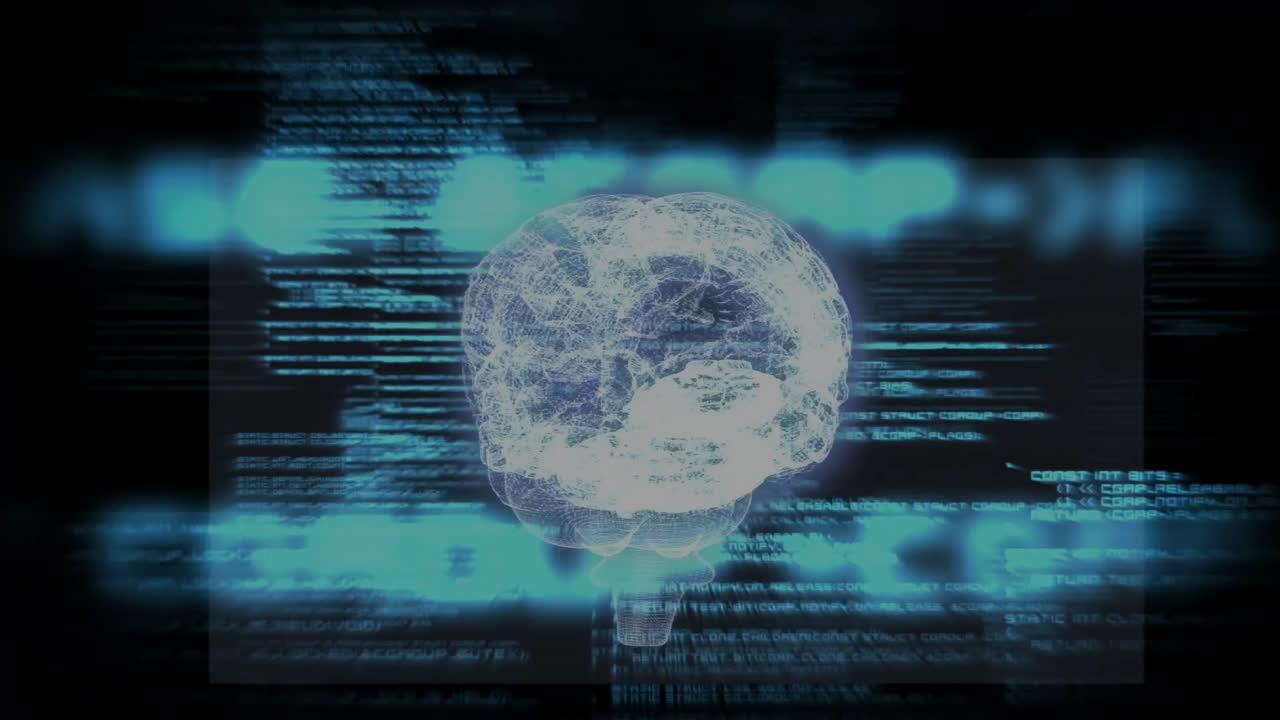 Digital brain model with coding and data processing animation in background