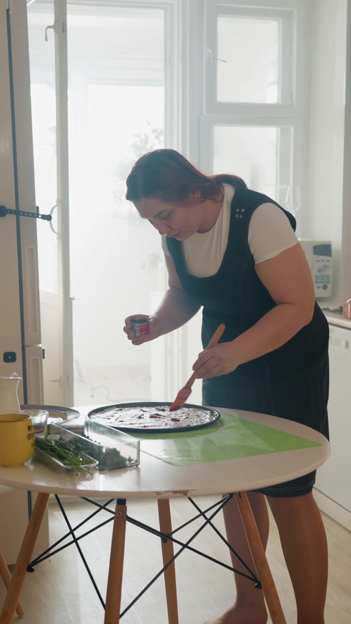 Mujer con delantal oscuro se inclina sobre una mesa redonda blanca y extiende el aderezo sobre un pastel o tarta con un utensilio rojo, rodeada de luz diurna suave, en un entorno de cocina moderna y un ambiente de cocina relajado.