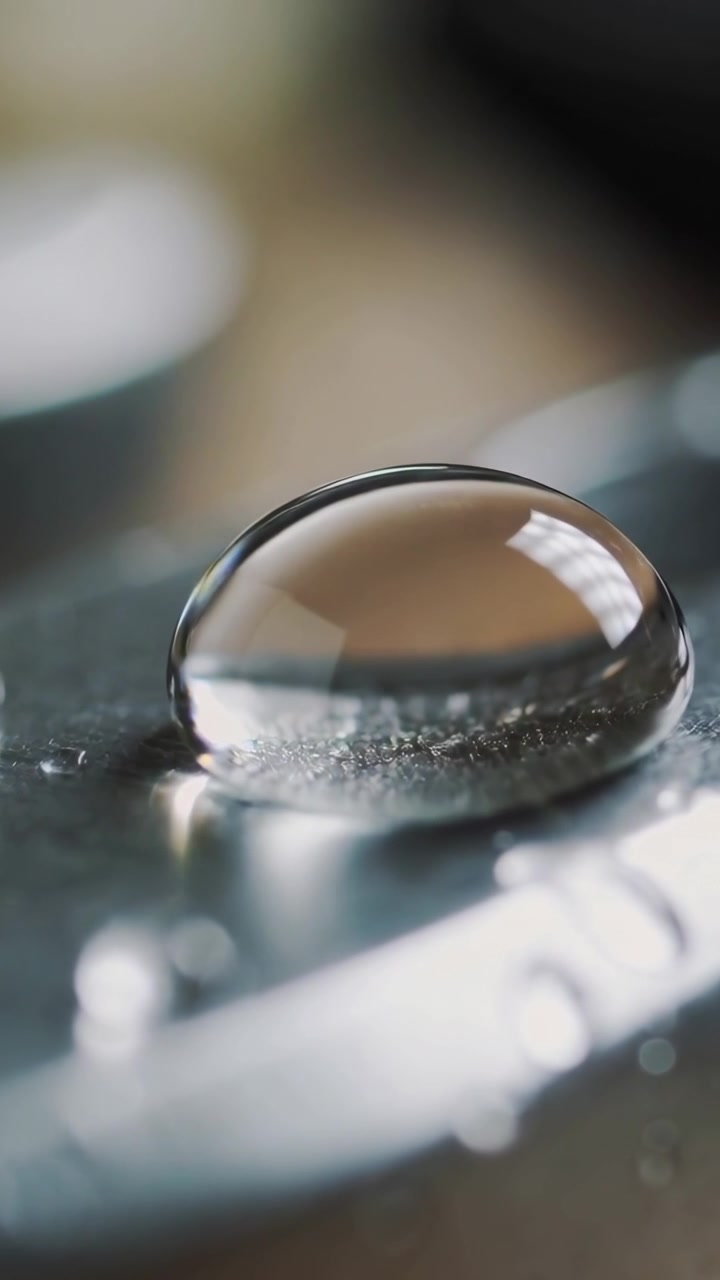 Vertical video: Following camera pull, water drop shifting on metal, showing bright bar and grain