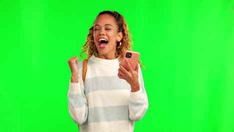 happy woman, phone and dance for good news
