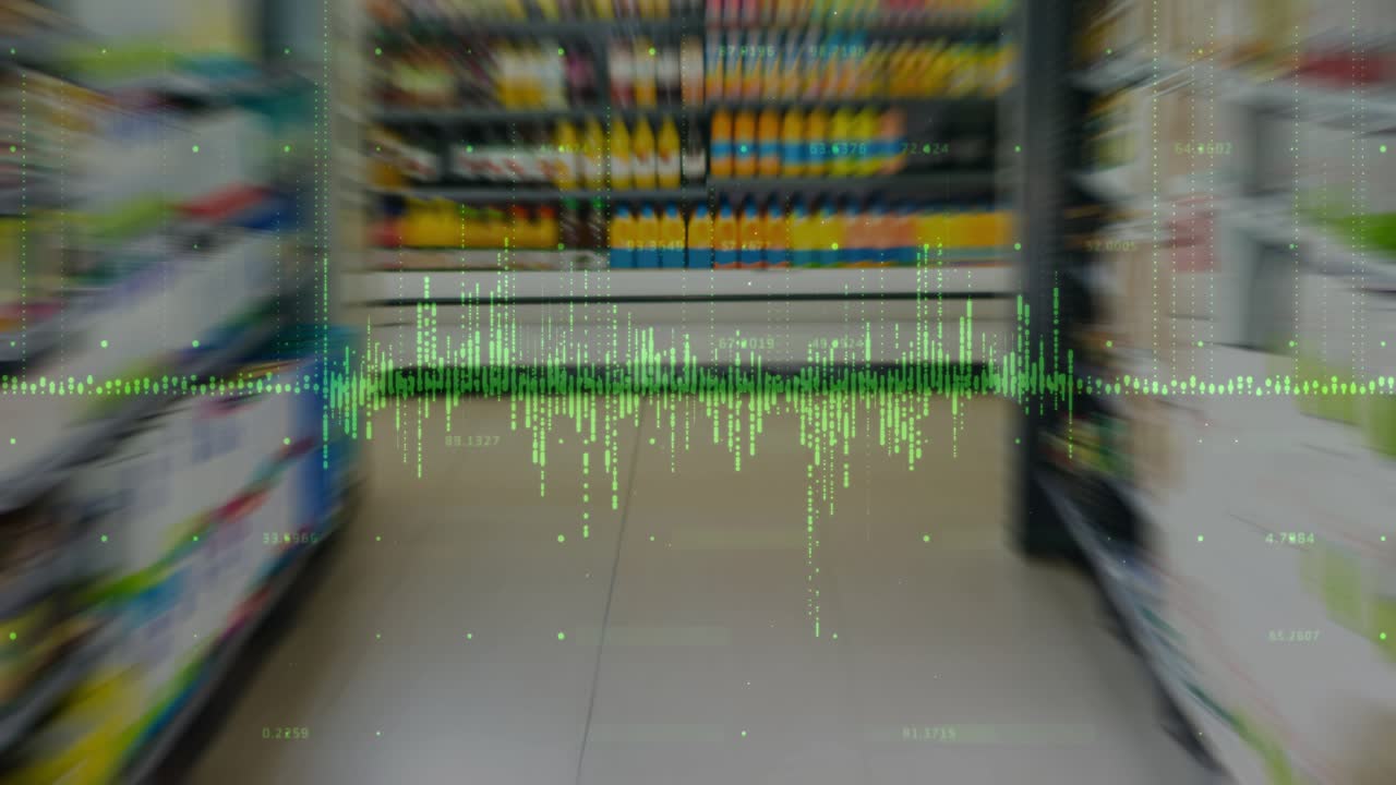 Dotted green baseline appearing, handheld camera moving down aisle, waveform pulsing to show audio