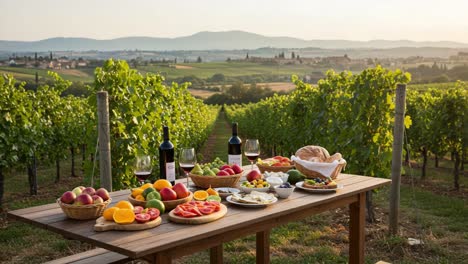 A Scenic Vineyard Feast: Enjoying Fresh Fruits, Fine Wines, and Culinary Delights Amidst Lush Green Vines and Rolling Hills in a Picturesque Landscape