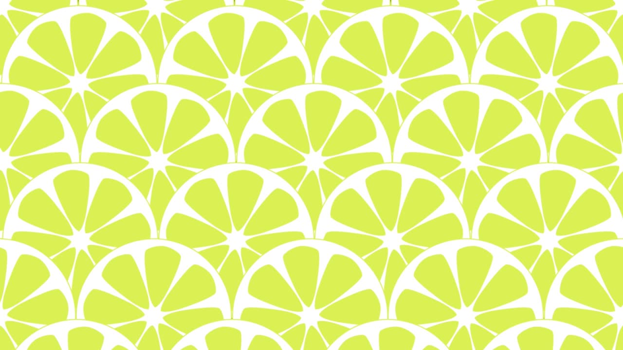 Geometric pattern with sliced lemons. Retro animated background and illustration in yellow. Seamless loop rotating