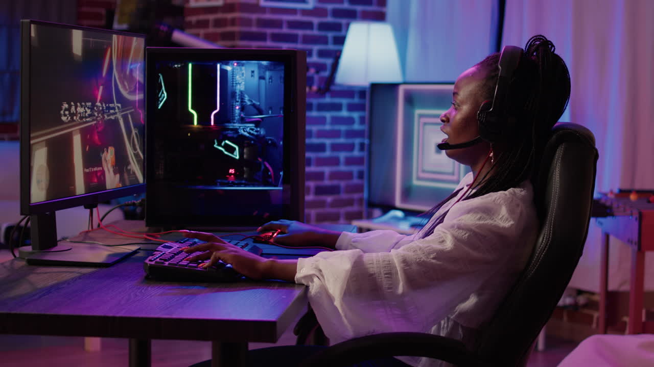 African american gamer girl streaming first person shooter tournament angry after losing online competition