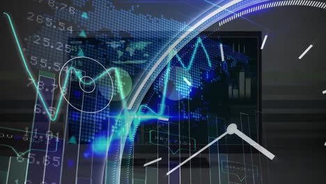 Animación-De-Datos-Financieros-Y-Gráficos-Sobre-Reloj-Y-Mapa-Mundial